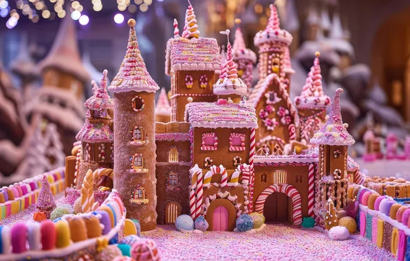 Castle, Christmas, New year, dessert, glaze, gingerbread house, pink light, turret