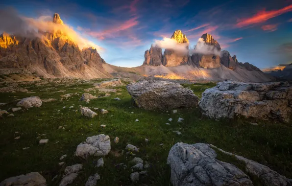 Picture clouds, landscape, sunset, mountains, nature, stones, Italy, The Dolomites