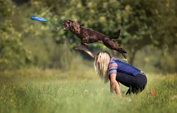 Greens, summer, grass, girl, the sun, trees, jump, glade