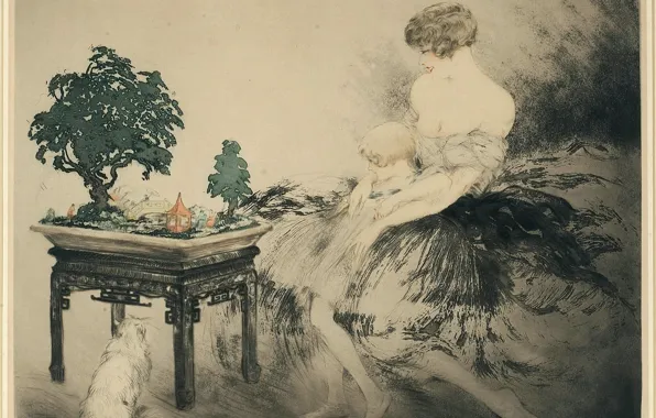 Picture Japanese garden, 1925, art Deco, etching and aquatint, Louis Ikar, white fluffy cat