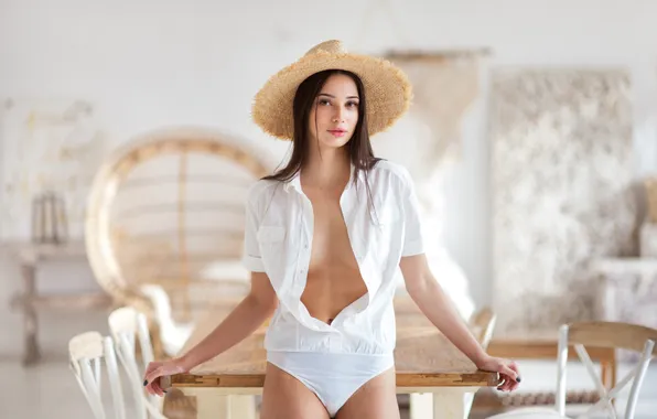 Picture model, women, brunette, open clothes, table, standing, indoors, Maxim Maximov