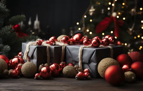 Balls, branches, the dark background, Board, Shine, lights, Christmas, gifts