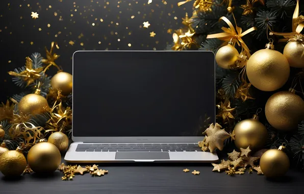 Computer, stars, balls, branches, the dark background, table, gold, Shine