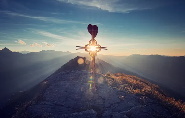The sky, the sun, rays, mountains, glare, stones, sign, heart
