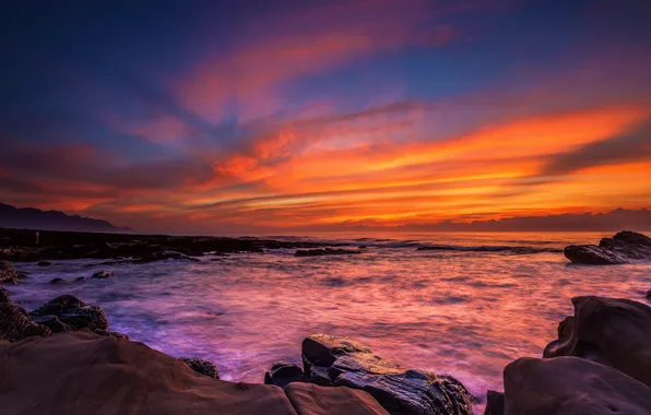 Picture sea, the sky, clouds, sunset, orange, stones, rocks, shore