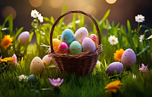 Flowers, basket, glade, eggs, spring, colorful, Easter, flowers