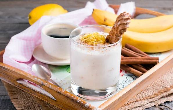 Picture lemon, coffee, Breakfast, cookies, bananas, cinnamon, yogurt