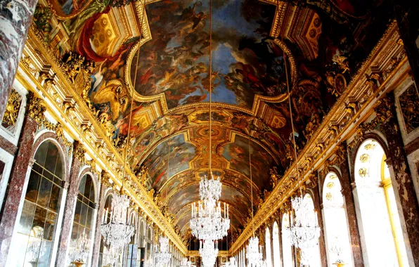 France, window, chandelier, mural, Versailles, Mirror gallery