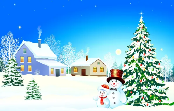 Picture winter, snow, Windows, home, stars, the snow, snowman, tree