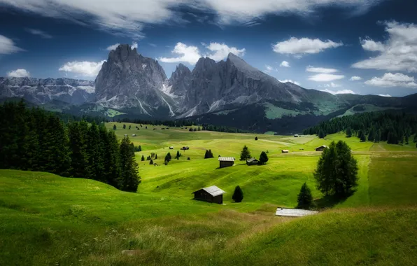 Forest, clouds, mountains, blue, field, ate, Alps, houses