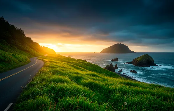 Road, grass, clouds, sunset, mountains, the ocean, Wallpaper, art