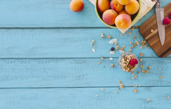 Berries, raspberry, fruit, banana, peaches, wood, blue background