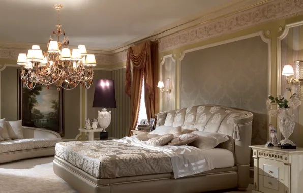 Picture vase, chandelier, interior, picture, bed, roses, curtains, bedroom