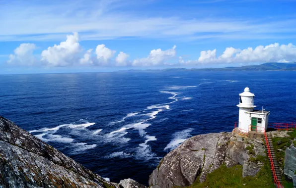Wave, clouds, lighthouse, Ireland, Cape, Atlantic