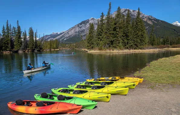 Forest, trees, mountains, river, boats, Canada, Albert, Banff National Park