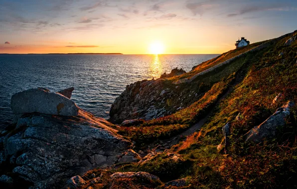 Picture sea, sunset, rocks, shore, lighthouse, home, the evening, horizon