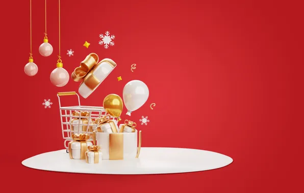 Balls, snowflakes, rendering, basket, round, Christmas, gifts, New year