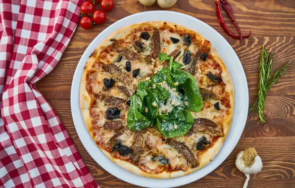 Greens, cheese, pizza, olives, sauce, sausage, Basil