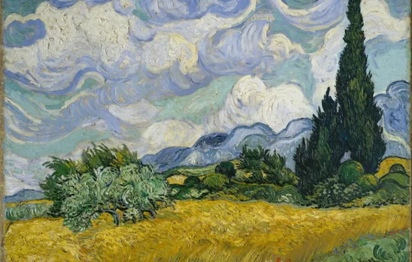Oil painting, Vincent Van Gogh, Vincent Van Gogh, Wheat Field with Cypresses, Wheat field with …