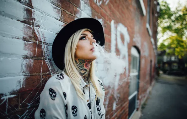 Women, Smoke, Blonde, Tattoo, Smoking, Hat, Blue Eyes, Against Wall