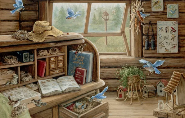 Picture summer, art, Notepad, book, house, the study, table, birdhouses