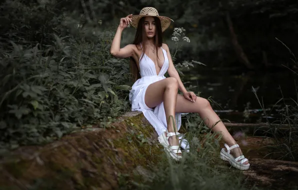 Picture forest, grass, water, trees, pose, model, portrait, hat