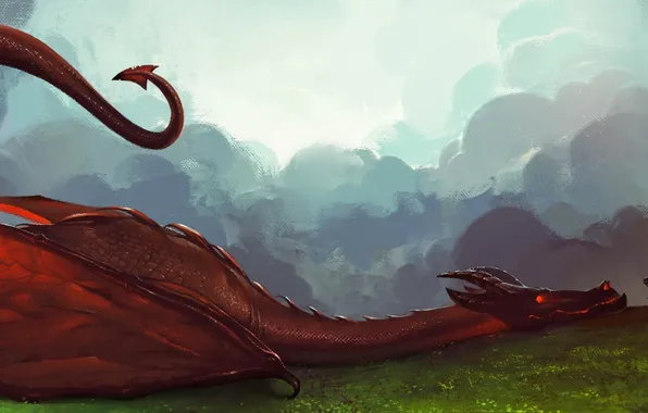 Picture girl, clouds, red, dragon, hill, fantasy, art, lying