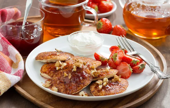 Strawberry, nuts, dessert, pancakes