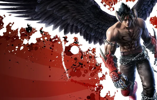 Look, wings, warrior, chain, equipment, red background, devil jin