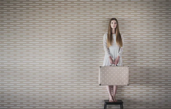 Picture girl, wall, suitcase