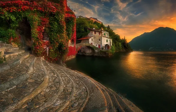 Light, sunset, mountains, house, castle, shore, stage, mansion