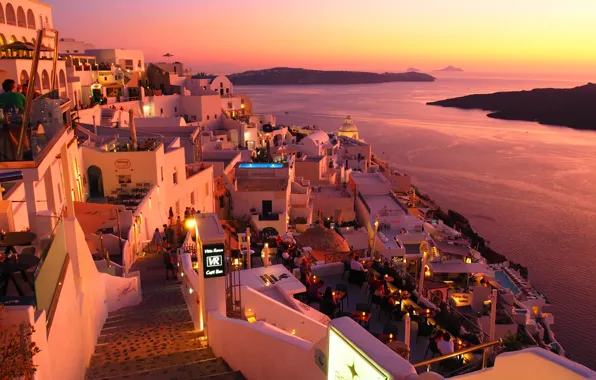 Sea, landscape, sunset, the city, home, Santorini, Greece