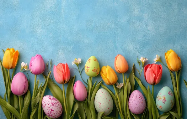 Flowers, holiday, eggs, spring, yellow, Easter, tulips, pink