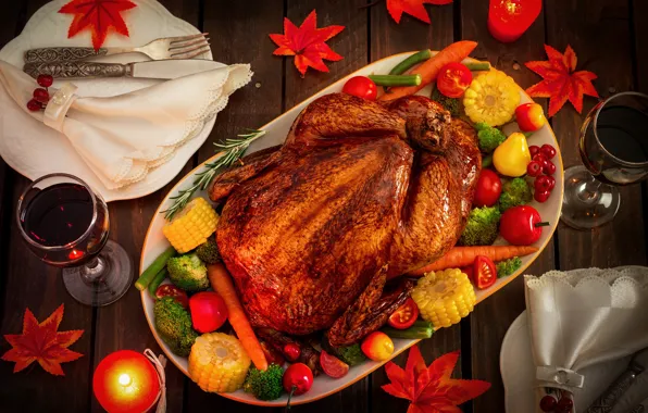 Wine, chicken, candles, vegetables, dish