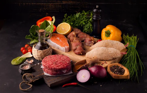 Lemon, fish, bow, meat, vegetables, kebab, spices, cuts
