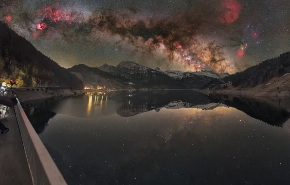 The sky, mountains, night, lights, lake, reflection, shore, the slopes