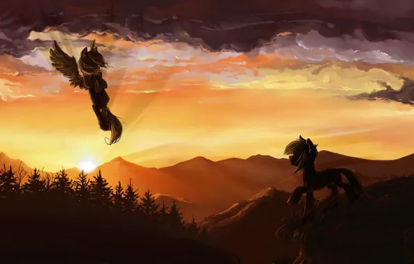 Picture forest, sunset, mountains, pony, Pegasus, obloka, My little pony