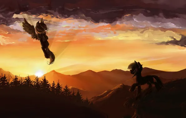 Forest, sunset, mountains, pony, Pegasus, obloka, My little pony