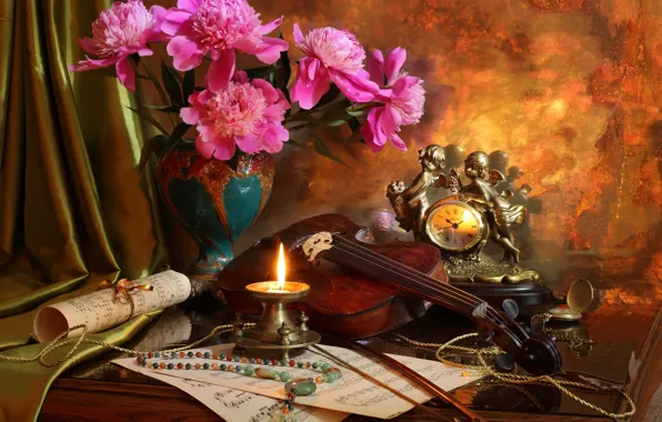 Picture notes, violin, watch, candle, bouquet, beads, still life, peonies