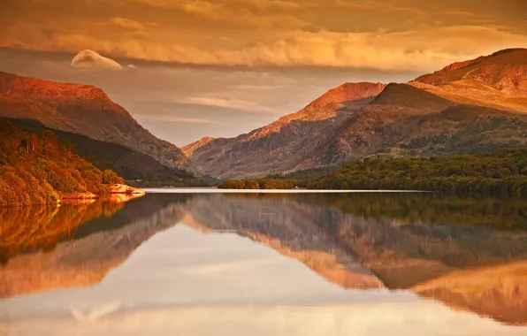 Autumn, the sky, clouds, trees, mountains, lake, reflection