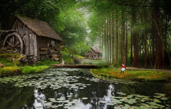 Forest, leaves, water, trees, flowers, children, lake, house