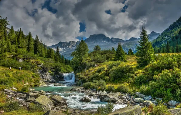 Trees, mountains, stream, waterfall, valley, Alps, Italy, river