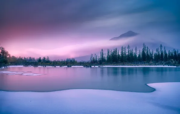 Picture winter, snow, trees, mountains, lake, dawn, morning, Canada