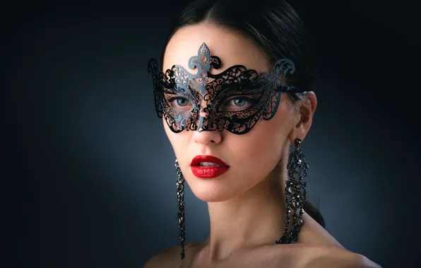 Picture jewelry, bright makeup, beautiful face, charming girl, dark green background, openwork mask, Beautiful brunette
