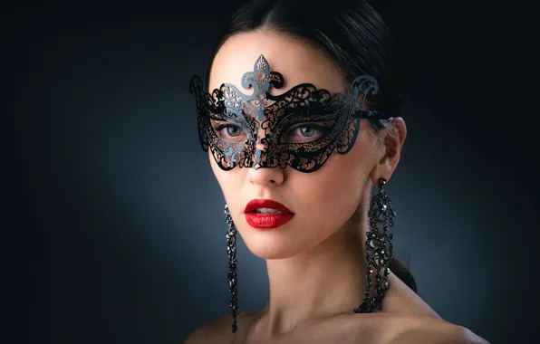 Jewelry, bright makeup, beautiful face, charming girl, dark green background, openwork mask, Beautiful brunette