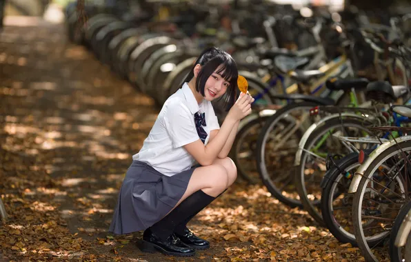Skirt, brunette, blouse, Asian, sitting, uniform, bikes