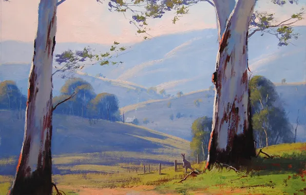 Road, trees, landscape, nature, Australia, art, kangaroo, artsaus
