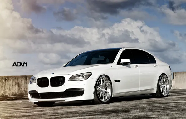 Picture white, the sky, clouds, lights, tuning, bmw, BMW, Parking