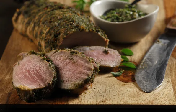 Greens, background, knife, Board, baked meat, seasoning