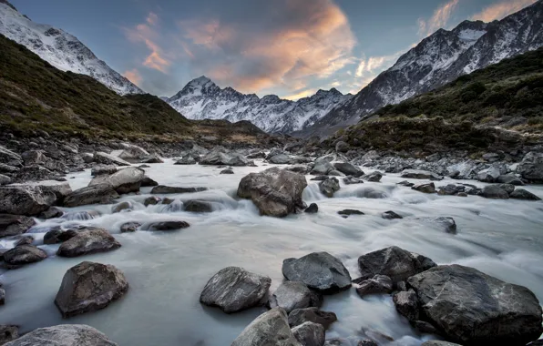 Picture mountains, river, stones, New Zealand, New Zealand, Hooker River, Mount Cook National Park